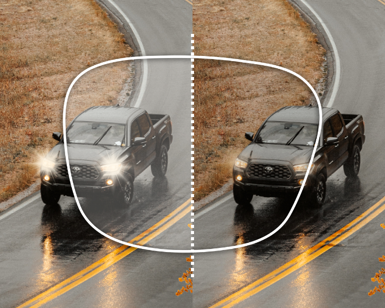 Anti-reflective lens reducing headlight glare on a wet road compared to an uncoated lens
