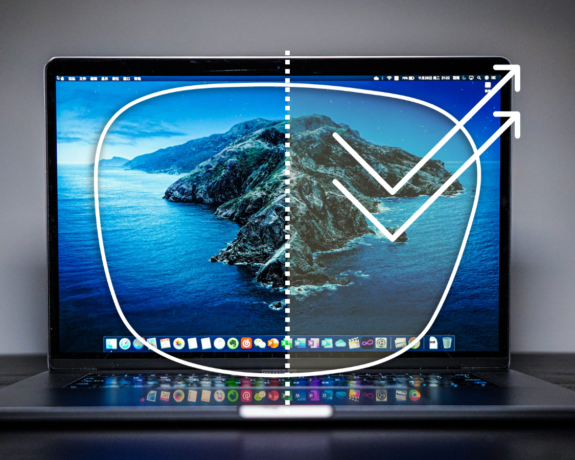 Blue-light-filtering lens in front of a laptop screen